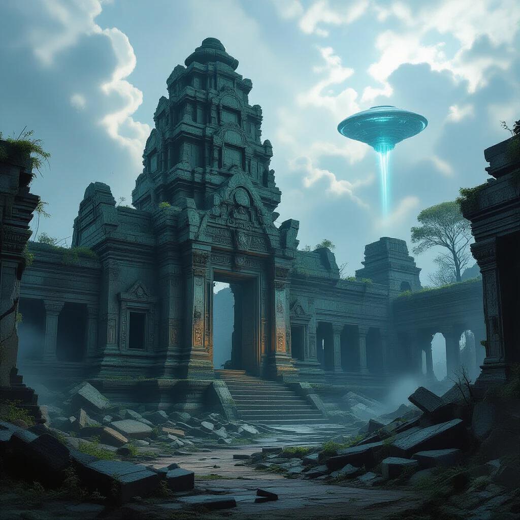Ruined temple showcases a blend of ancient architecture and science fiction elements. A mysterious UFO hovers above. Dense fog surrounds the scene. Lush greenery intertwined with crumbling stone.