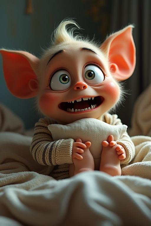 A hyperrealistic 3D cartoon humanoid creature with oversized eyes and huge ears is curled up in a corner of a messy bedroom. The creature holds a pillow and wears a knitted onesie. Its eyes are wide in shock and its mouth twitches in disbelief, showcasing an extreme over-acting expression.