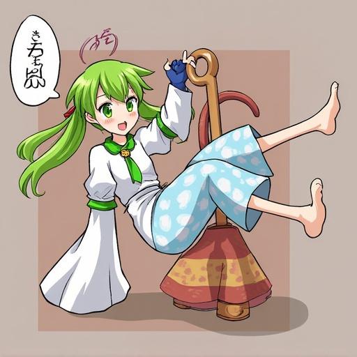 A character with green hair is sitting on a chair. The character wears a white top and blue patterned skirt. One leg is dangling freely. The setting is simple with a light background. The character's expression is playful.