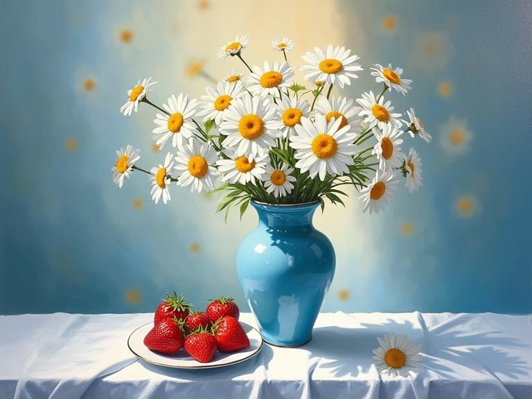 Oil painting of a still life arrangement. Features a porcelain vase filled with vibrant daisy flowers. A white and blue tablecloth supports the scene. A plate with fresh strawberries is nearby. Sunlight creates soft rays in the background.
