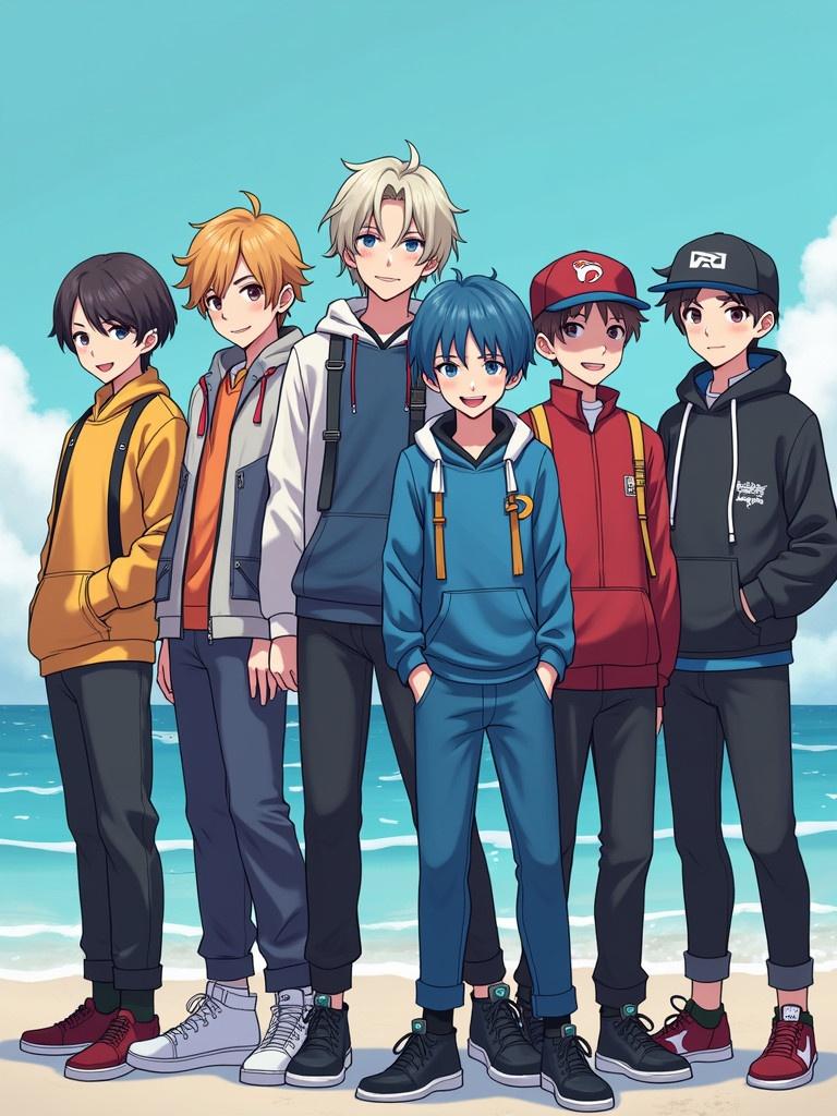 Illustration of six K-pop members resembling squid game players. They wear various street outfits. The scene is set on a beach with an ocean backdrop. The focus is on their attire and group dynamic. No facial details are visible. Bright colors dominate the illustration.