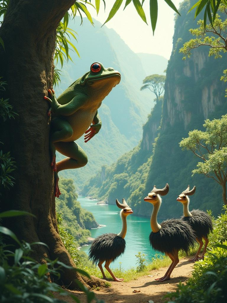 A large frog displaying panic while climbing a tall tree in a valley. The tree features bromeliads. In the background is a scary lake surrounded by steep hills. Three imposing ostrich-like birds with horned heads are approaching the frog menacingly. The scene is sunny with rich green foliage and enhanced lighting to emphasize the action.