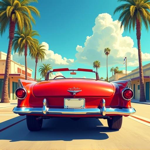 Vibrant digital painting. Classic red convertible car parked on sunny palm-lined street. Bright blue sky with fluffy white clouds. Shiny body reflects sunlight. Vintage license plate and chrome accents. Background features mid-century buildings and more palm trees. Nostalgic tropical vibe. Art style reminiscent of 1950s pop art with bold colors and exaggerated proportions.