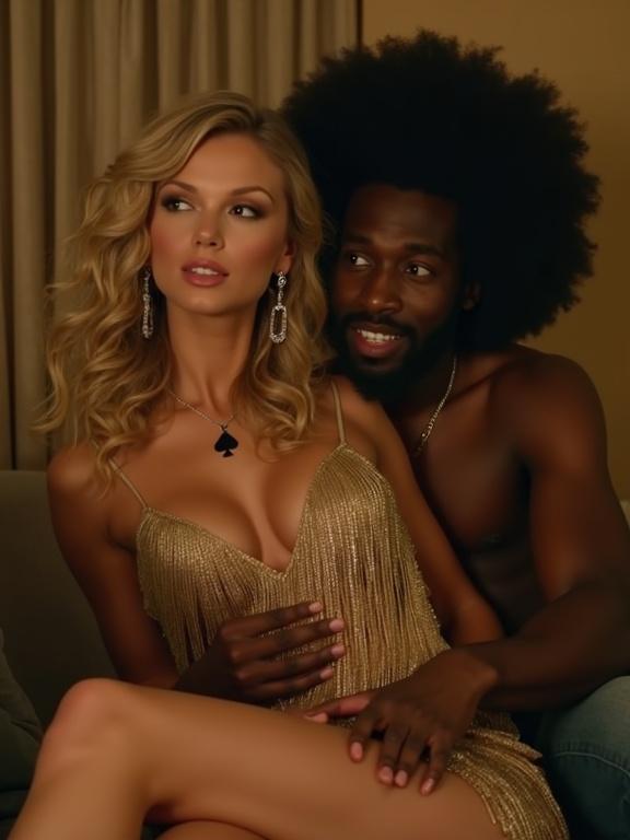 Intimate scene featuring a couple in a modern hotel room at night. Woman has long blonde curly hair, wearing a gold fringe dress. Man is a large older black individual holding her close. They are both smiling and engaged in a moment together.