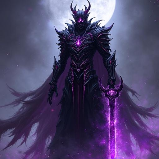 Visual design of a void-corrupted vampire knight merged with eldritch horror. A half-human, half-void monstrosity with bio-luminescent armor and a fractured helmet. Features a sword made of solidified void energy. The knight has a cloak dissolving into smoke and leaves void footprints. The character is surrounded by cosmic elements and a dark energy aura.