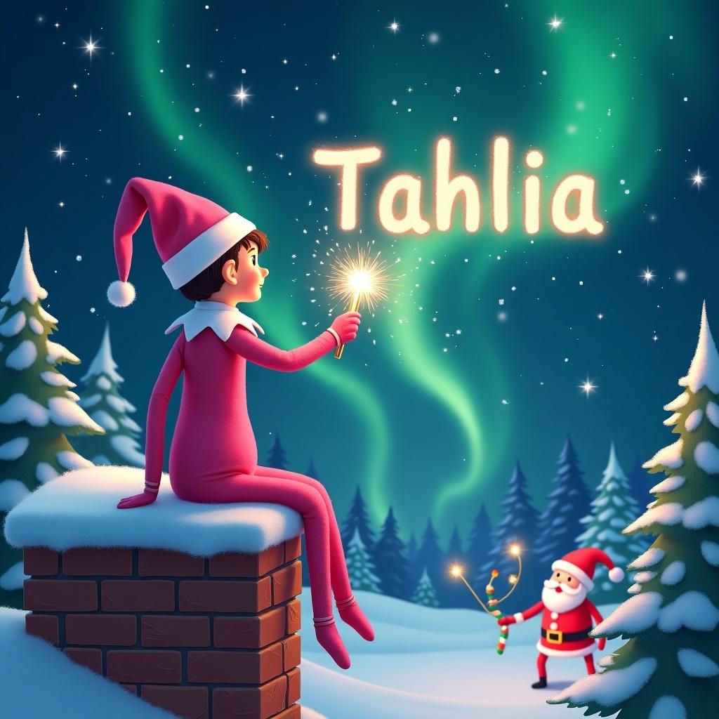 A pink elf on a chimney. Sparkling wand writing 'Tahlia' in the night sky. Northern lights above. Snowy trees. Santa Claus visible in background.