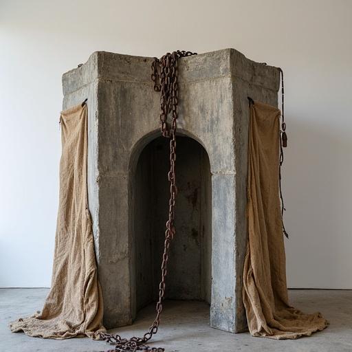 Ominous abstract sculpture inspired by medieval devices made of concrete, wood, burlap, and chains. Features weathered texture and dramatic lighting. Focus on minimalistic design with hints of eroticism.