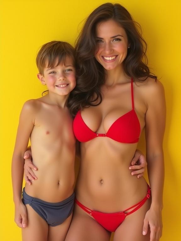 Mother poses with her son in a vibrant yellow background. She wears a red bikini. The mother has long hair and a flirty smile. The boy stands beside her playfully.
