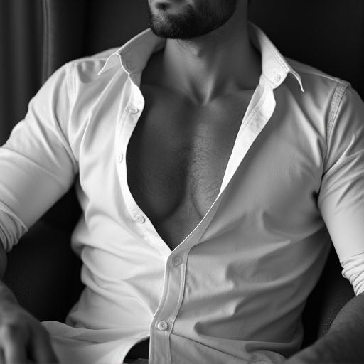 A man is relaxing in a chair. Shirt collar is open. His chest is muscular and exposed. The image is in black and white style.