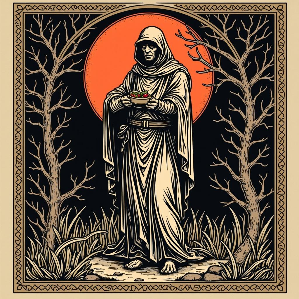 Medieval memento mori woodcut. Hooded figure holds a bowl. Set against a large red moon. Surrounded by bare trees and grass. Dark, gothic theme, simple yet profound.