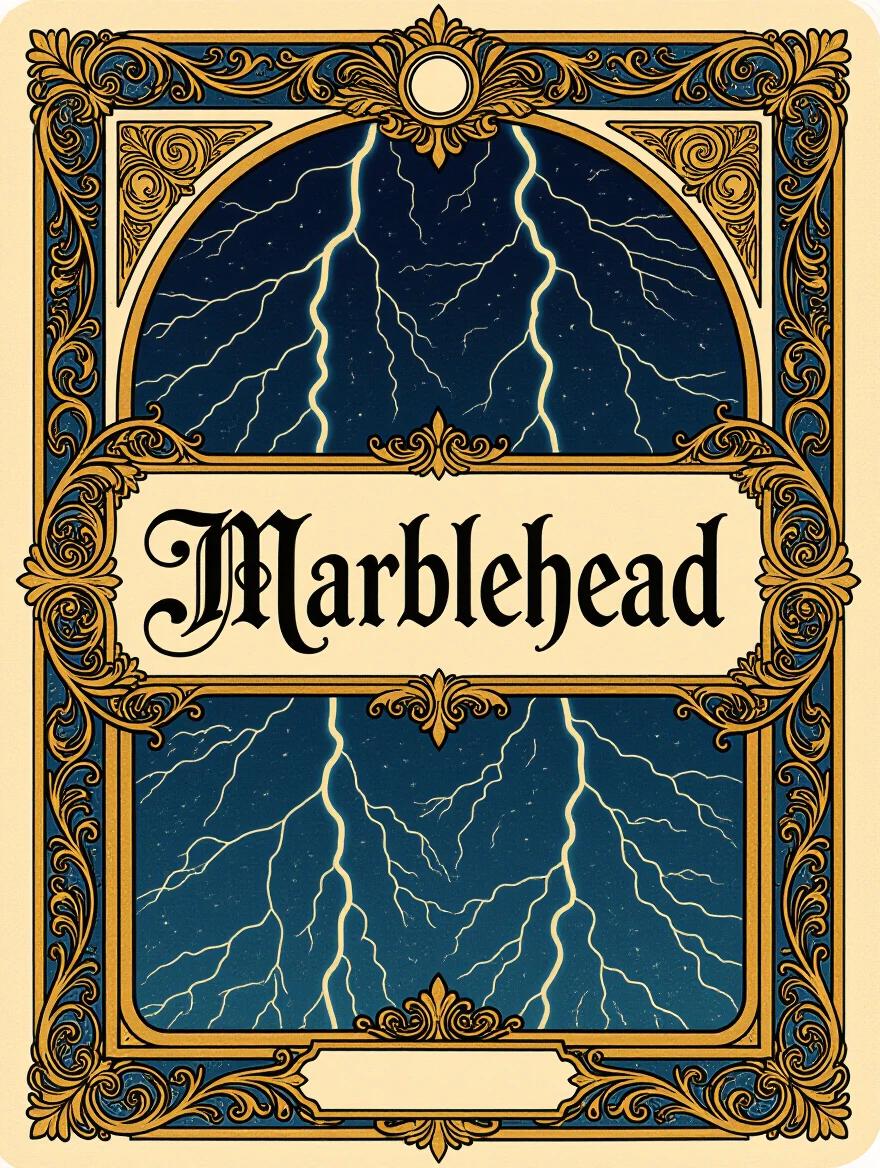 Ornate Art Nouveau style card features dark blue and gold colors. The word Marblehead is illustrated in calligraphy. Ominous and dark tone conveys mystery. Lightning motifs form the backdrop with an ornate border.