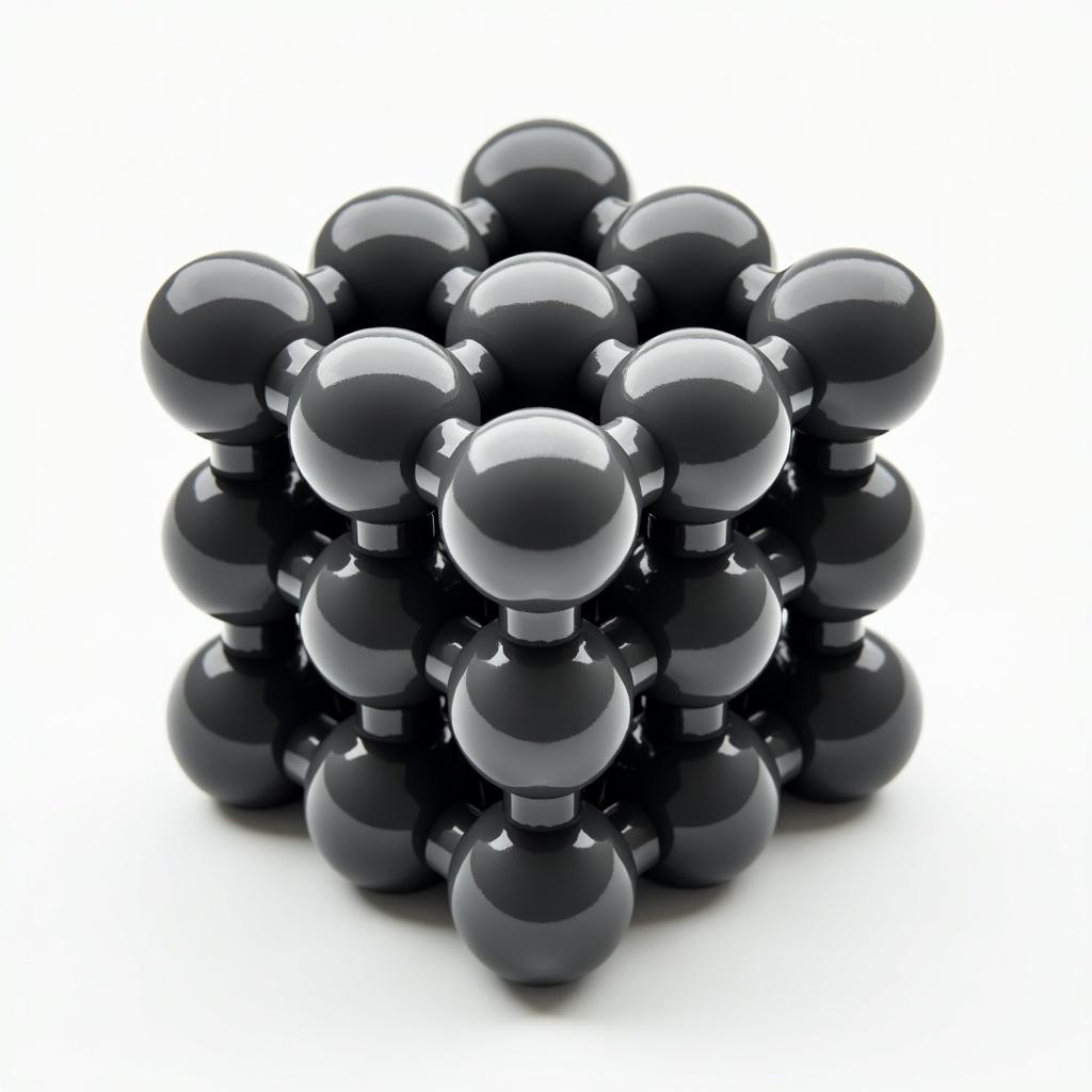 Molecular structure of turbostratic carbon in a cube shape. Spherical elements connected forming a three-dimensional structure. Glossy black finish of spheres.