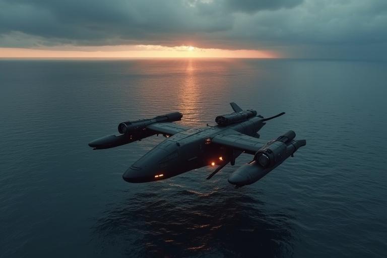 A massive dark brown military cargo craft flies low over the ocean. The bulky structure resembles a futuristic VTOL aircraft. Broad wings and rear thrusters glow in dusk light. Captured from above by a drone, the craft appears small against the water, emphasizing solitude. The sky is overcast with storm clouds, and the orange horizon casts reflections on the ocean. The wide aerial shot creates a cinematic, high-altitude view filled with tension and scale.