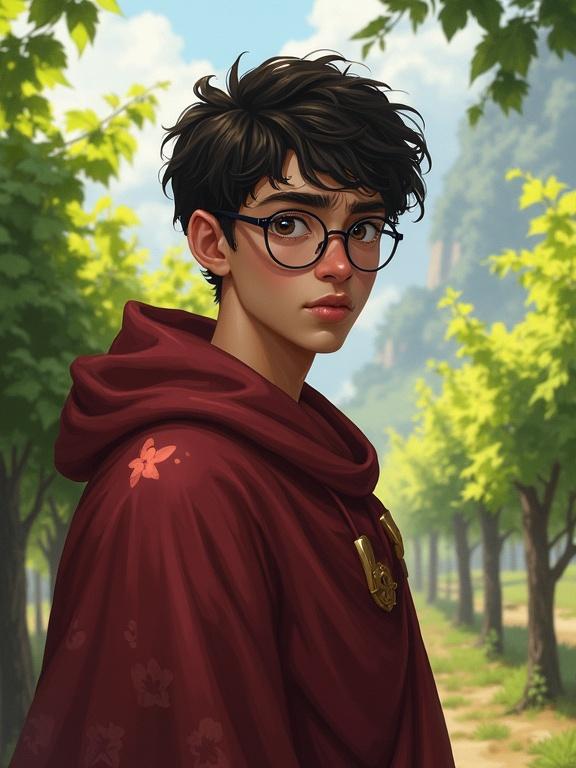 Young man in his early 20s wearing glasses and robes. He is worried and pensive, looking at the viewer. The setting is outdoors with vines and wine. Digital art in a semi-realistic fantasy style.