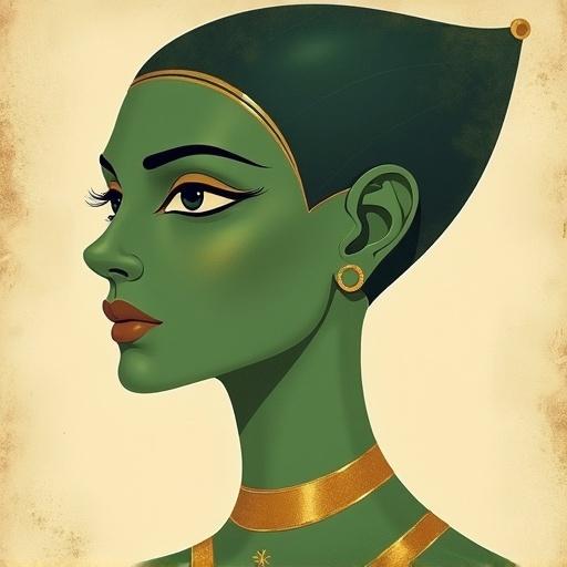 Flat portrait of a serene green-skinned humanoid figure with elegant features and large almond-shaped eyes. The background is soft parchment beige with faint paper texture. The figure wears a muted golden collar. The style combines ancient Egyptian reliefs with modern digital art, featuring desaturated colors and smooth shading without hard shadows.