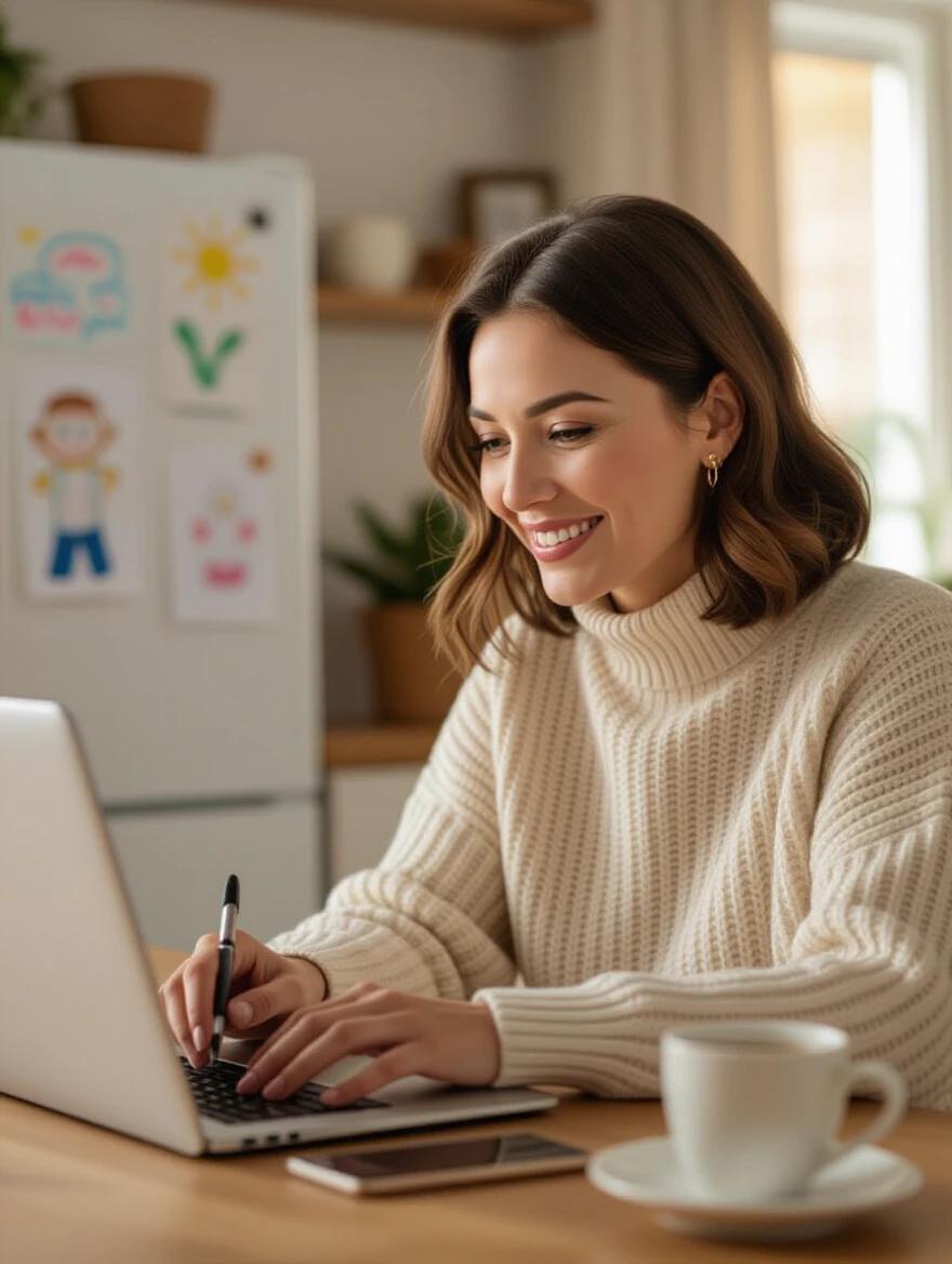 Woman focused and smiling while taking notes. Watching an online Masterclass on laptop. Background shows children’s drawings on fridge. A cup of coffee and a tablet nearby. Warm light fills realistic home setting. Medium shot with ultra-realistic detail.