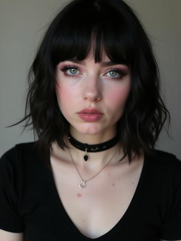 20 years old woman. Young and cute. Black hair with a goth style. Makeup with eyeshadow and eyeliner. Wearing lipstick with a short haircut. Has a round face with a plump appearance. Showing a kissy face and happy expression. Wearing an emo choker and a black v-neck tshirt.