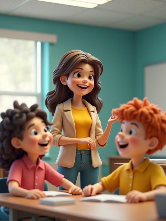 3D illustration showing a teacher and two students in a colorful classroom. All characters smiling and engaged. Bright and cheerful atmosphere.