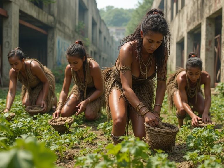 Photorealistic scene of strong women working in a reclaimed urban field. Women are scattered, bending, squatting, kneeling or standing. They weed, plant, or carry baskets filled with roots. Show realistic, expressive faces with focus and effort. Skin textures show sun exposure and imperfections. They wear handmade clothing with bone or wood ornaments. Background has collapsed buildings and wild vegetation. Lighting is warm and natural.