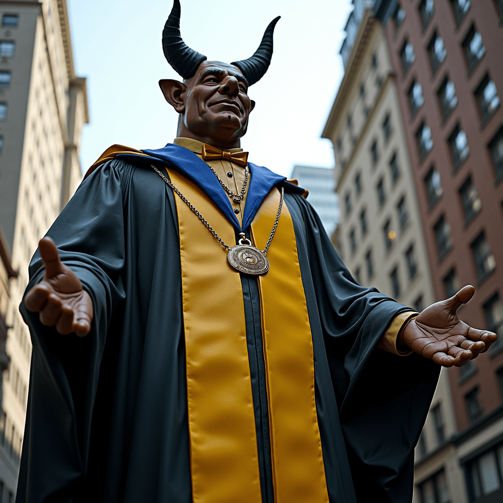 A large, horned figure dressed in academic regalia stands among city buildings, with outstretched arms and a medal around its neck.