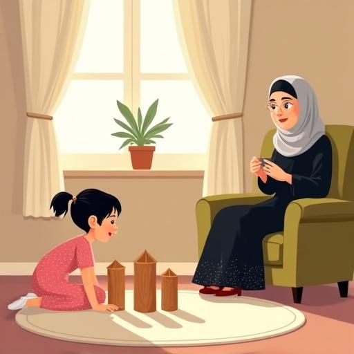 Children's storybook illustration showing a cozy room. Off-white curtains frame a sunny window. A small potted plant sits on the windowsill. A round rug on the floor. A girl kneels building a house with wooden pillars. She wears a pink dress. A grandmother in a black dress crochets nearby. Warm, emotional atmosphere, designed for kids.