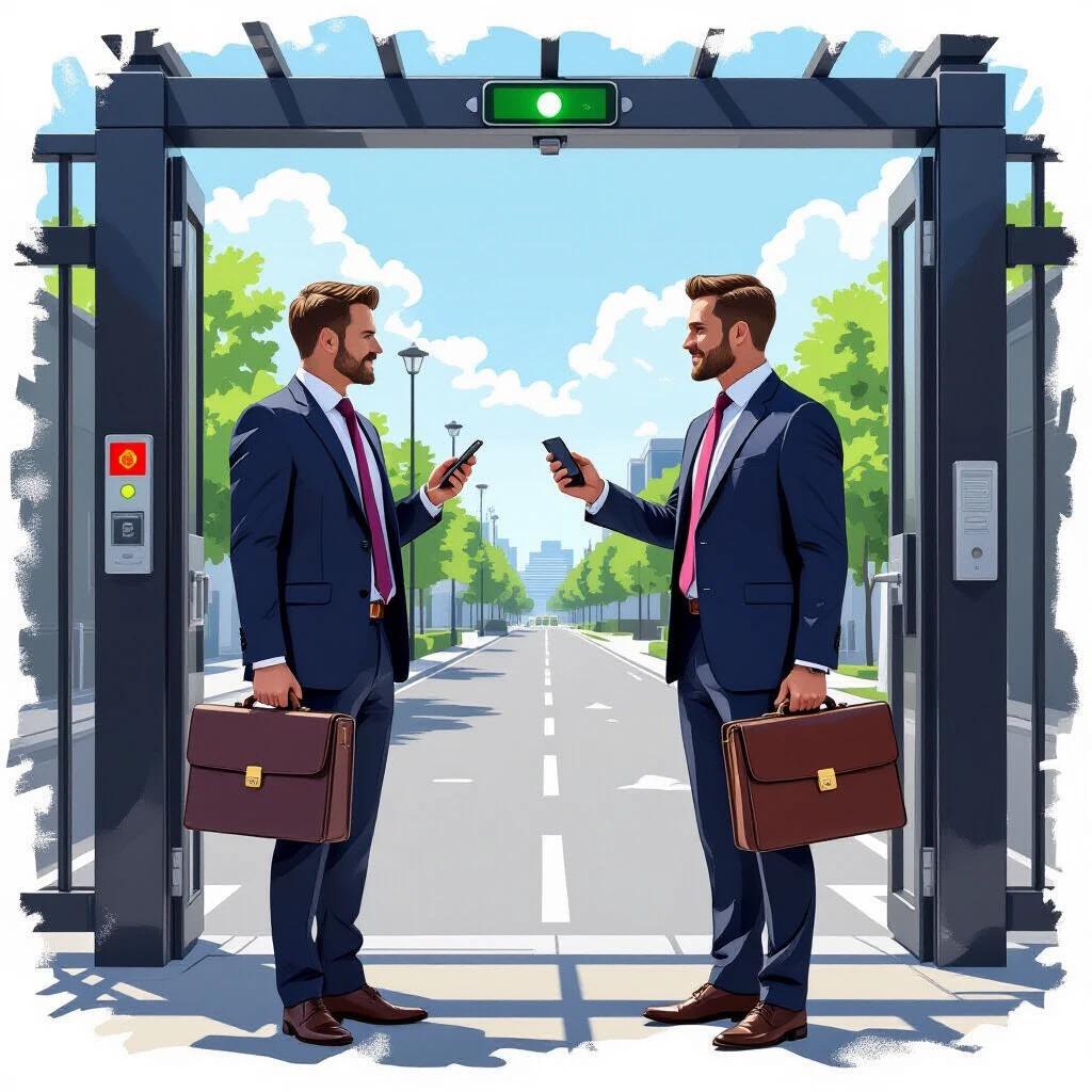 Realistic illustration showing two men in formal business attire without ties. Each man holds a briefcase. One man uses a smartphone, causing a red light at a security gate. The other man has no phone, and a green light indicates access granted. Setting is a modern office building entrance with a security system. The scene demonstrates a tension between allowed and denied access.