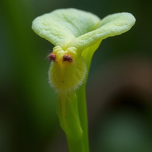 Ceropegia woodii is displayed prominently. The flower structure is unique and detailed. Soft natural lighting enhances the green and yellow colors.