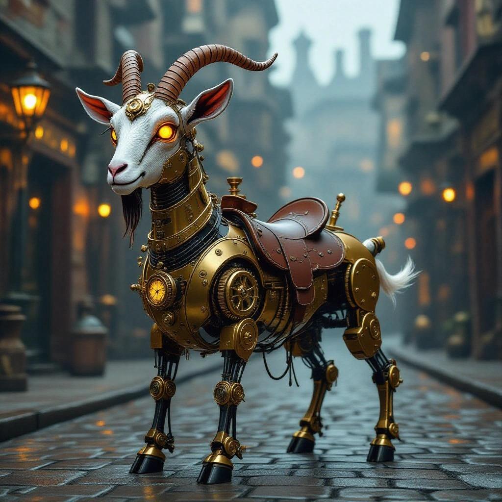 Highly detailed illustration of a mechanical goat in steampunk style. Polished brass and copper plates featured. Intricate clockwork gears seen. Leather straps present with glowing amber eyes. Finely crafted leather saddle on back with metal accents. Legs display visible pistons and springs with steam vents releasing gentle puffs. Set on cobblestone street in misty Victorian city. Surrounded by gas lamps, smokestacks, and pipes. Under moody atmospheric lighting highlighting metallic textures and elegant saddle.