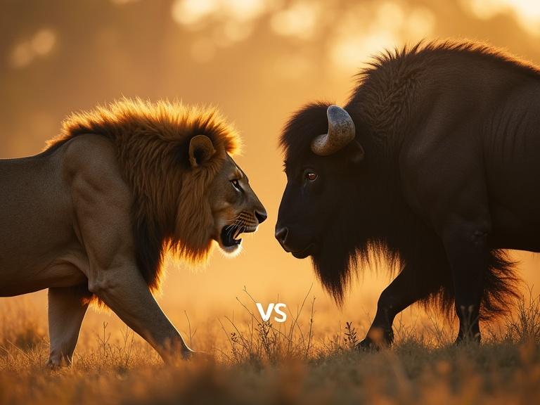 A documentary-style thumbnail featuring a lion and a buffalo in a fierce standoff with VS in the center. The atmosphere is warm with dark tones during golden hour lighting.