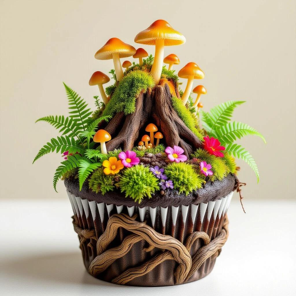Cupcake designed with twisted roots, rich moss, and bark. Volcano top resembles miniature mountain. Features ferns and vines. Bright mushrooms and vibrant flowers emerging from crater. Earthy botanical style.