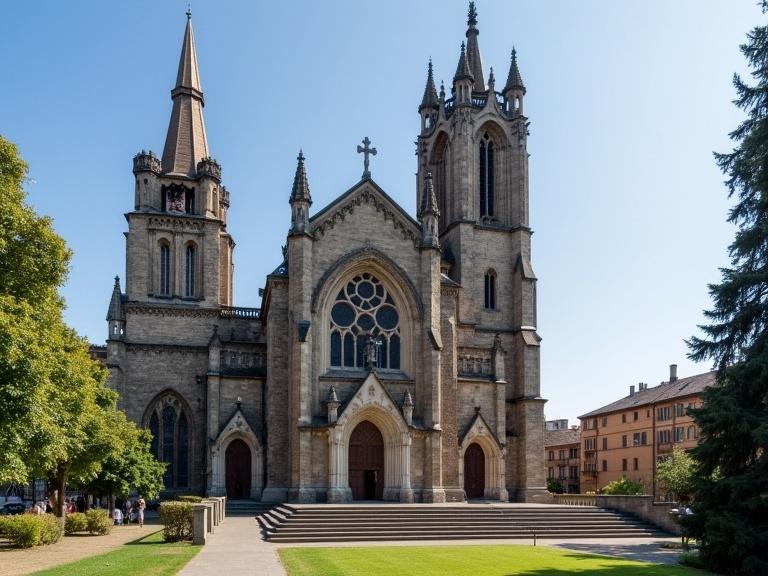 Stone church building designed in Gothic style with towers and intricate details. Surrounded by green lawns and clear blue sky. Ideal for illustrating historical and architectural significance.