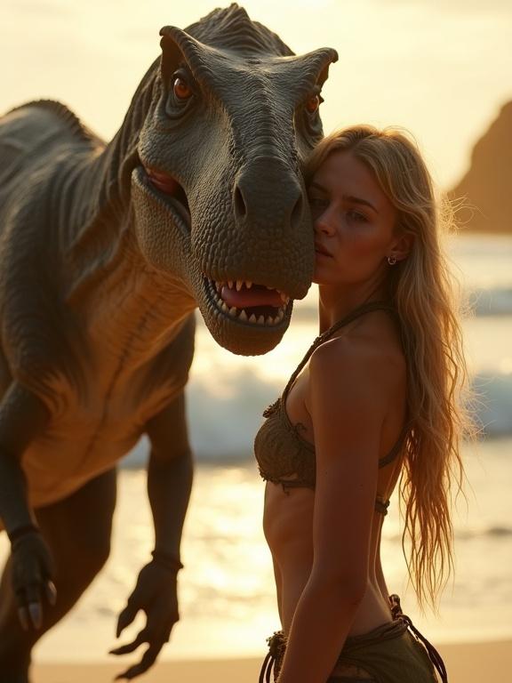 A beautiful jungle warrior woman stands on a beach beside a giant Tyrannosaurus rex. Her skin glistens with sweat. She wears a tattered loincloth. She leans in, gently stroking its open muzzle. The sunset casts golden light over them. The ocean roars softly in the background.
