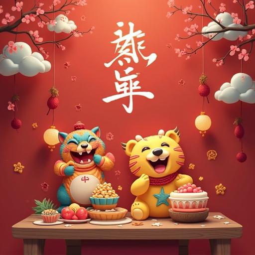 Show colorful cartoon animals celebrating a festival. Include traditional decorations and cheerful ambiance. Focus on playful interaction.