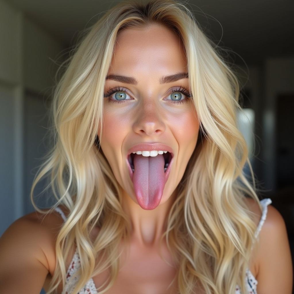 Hyper-realistic selfie style photo of a blonde woman with her tongue out showing attitude.
