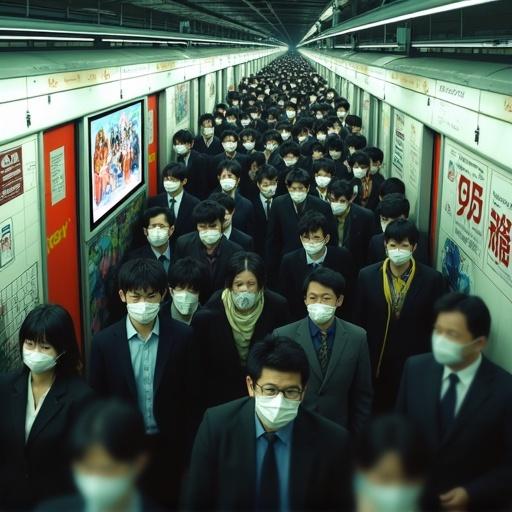 A crowded Shibuya subway station during rush hour. Commuters in suits and face masks squeeze onto trains. Tired expressions under harsh fluorescent lighting. Graffiti-covered walls and vending machines on the platform. A digital billboard displays anime ads. Overhead perspective with motion blur showing urban grit.