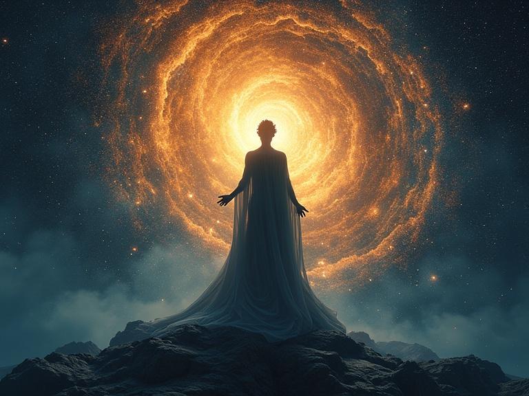 Divine silhouette stands in front of a swirling cosmic background. Represents knowledge through science spirituality facts and mathematics. Modern sleek design captures a thirst for knowledge. Engaging visual stimuli suggest deep exploration.