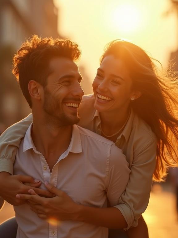 Cinematic outdoor shot of a laughing couple in golden sunlight. Man without facial hair. Woman rides on his back, hair blowing in the wind. Camera dollies in on their joyful faces. Subtle lens flares, soft golden tones for a dreamlike cinematic feel. Natural lighting, realistic skin texture. Man turns head slightly toward her. She smiles wider as hair lifts in a breeze. Camera orbits around slowly revealing sunlit street and their connection. Handheld feel with smooth romantic transition.