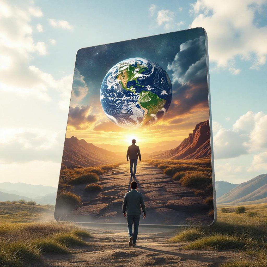A man moves from one world to another through a giant tablet. Cinematic scene with dramatic photography and movie style.