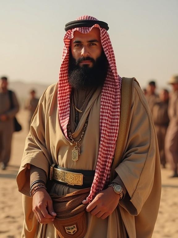 A picture of a man in traditional Middle Eastern attire in a desert setting. The man has a prominent beard and wears a red and white checkered headscarf with a beige robe. Others in the background are dressed similarly.