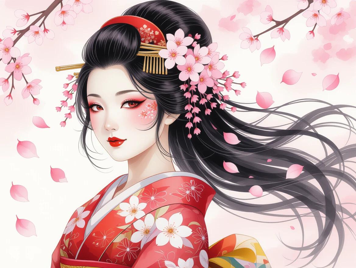 A traditional Japanese woman with black hair wearing a floral-patterned kimono. Hair adorned with pink cherry blossoms. Surrounded by falling sakura petals. Soft watercolor background. Ethereal and romantic art style. Detailed portrait illustration.