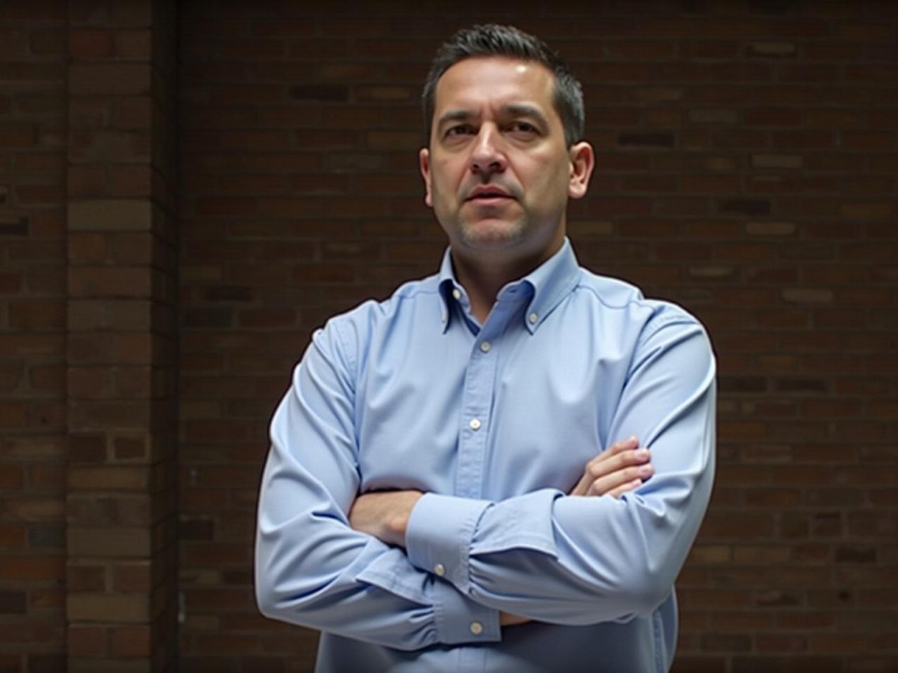 The image shows a man standing with his arms crossed. He is wearing a light blue button-up shirt, slightly rolled up at the sleeves. His expression appears serious, and he seems deep in thought. The background consists of a brick wall, adding a rustic touch to the scene. The lighting is soft, giving the image a somewhat muted tone. Overall, the composition emphasizes the man's contemplative mood.