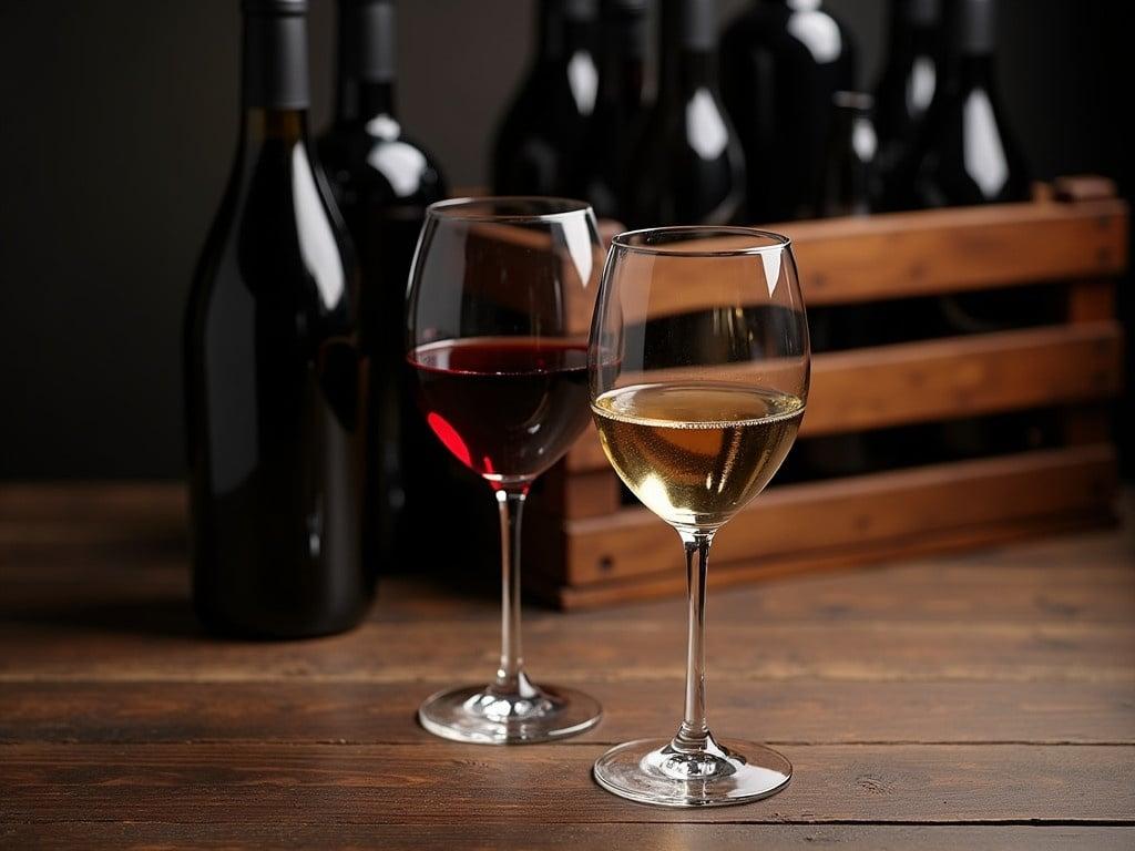 The image depicts a composition featuring red and white wine in mood lighting. Two elegantly shaped glasses sit on a textured wooden table; one glass contains deep red wine while the other holds a golden white wine. In the background, several dark wine bottles are arranged, showcasing sleek designs and a minimalist aesthetic. Light plays softly across the surface, highlighting the colors of the wine and the rich tones of the wooden crate nearby. The overall atmosphere is warm and inviting, perfect for a cozy gathering or intimate dinner.