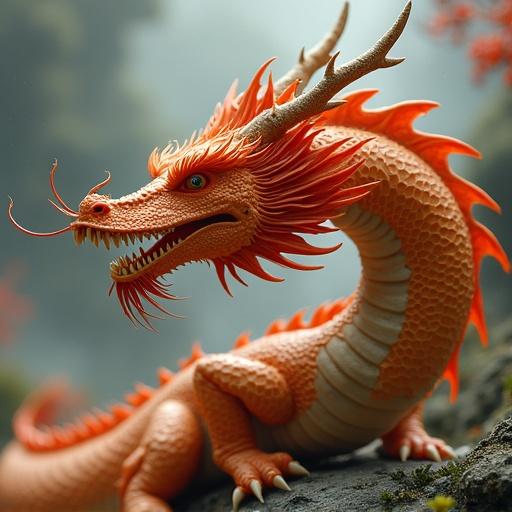 A highly detailed dragon with orange scales and red accents. It features horns and is posed in a natural environment.