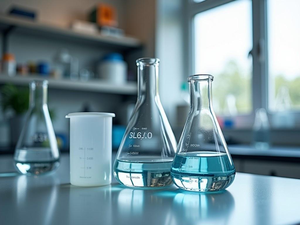 The image showcases various laboratory glassware arranged on a table. There are three main pieces: a volume flask, a filter beaker, and a couple of additional flasks. Each piece is filled with a blue liquid, indicating potential experiments or solutions. The background features a laboratory setting with natural light pouring in from the windows. The clear glass allows for a detailed view of the liquids inside. The overall composition emphasizes precision and scientific inquiry.