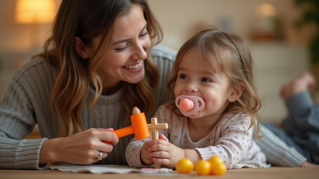 Engaging moment between mother and daughter in warm atmosphere. Child pretends during play with pacifier. Mother interacts using toy hammer. Scene showcases innocence and imagination in children. Love and creativity shine in this family interaction.