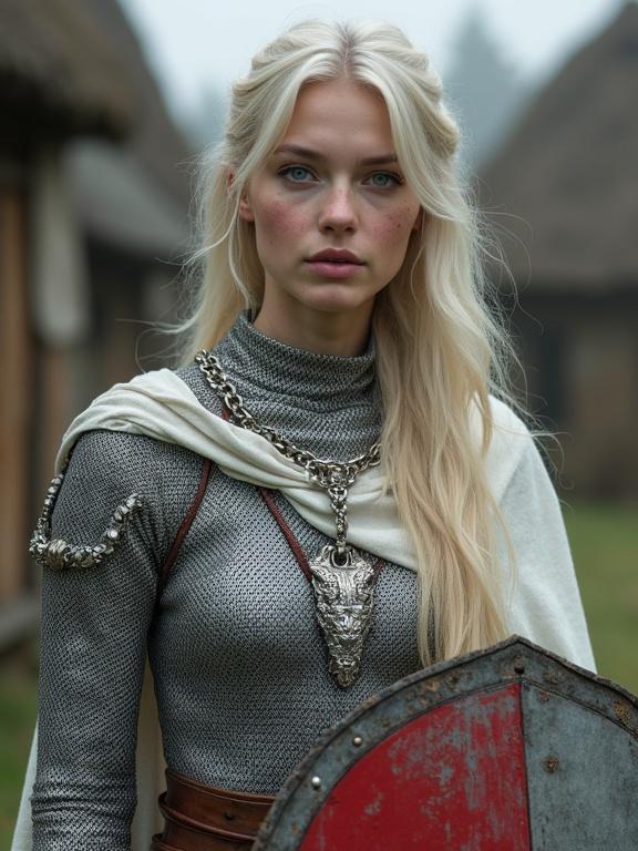 photorealistic portrayal of a young woman with long pale blonde hair wearing a chainmail coat and a tabard. She has pale scarred skin and freckles. She holds a mace and a heater shield standing in a medieval village.
