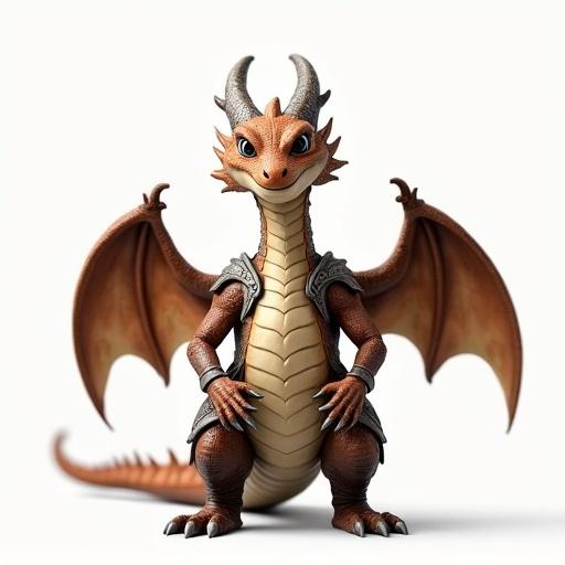 Image of a Dragonite wearing detailed armor in a neutral pose. Character is centered against a plain white background with even lighting. Focus on clear contours and natural proportions for 3D modeling.
