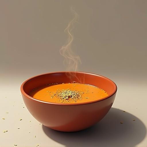 A steaming bowl of soup in an earthy brown bowl against a soft beige background. The soup is garnished with herbs. The scene evokes warmth and comfort.