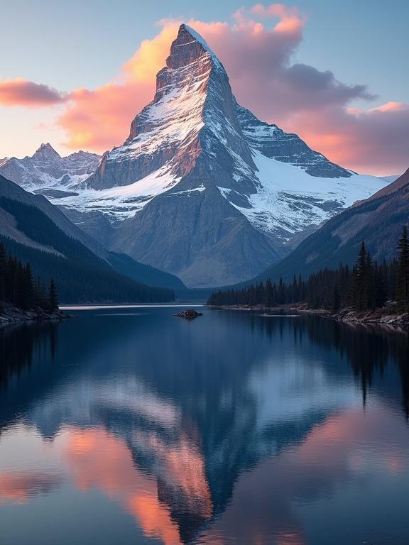 Mountain landscape with prominent snow-capped peak reflected in lake. Majestic rugged shape with steep slopes covered in snow. Warm sunset colors on upper slopes. Forested areas at the base. Calm lake reflecting mountain contours. Dramatic clouds with pink and orange edges.
