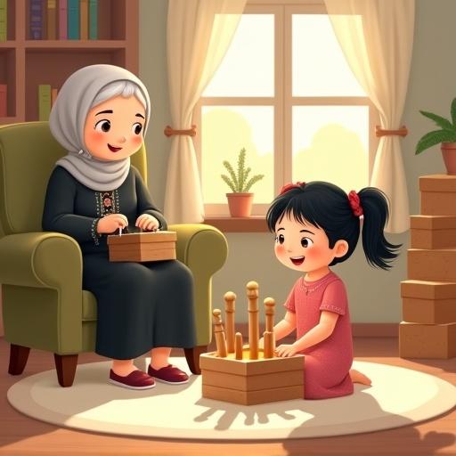 Cozy room decorated with bookshelves and wooden boxes. Large window with off-white curtains. Elderly woman in black dress crochets in an olive-green armchair. Young girl named Leila in a pink dress plays with a wooden box and pillars on a round rug. Soft, warm lighting creates a comforting environment.